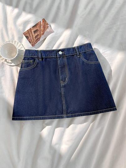 SHEIN EZwear Plus Size Casual Commuter Washed Denim Skirt Summer Clothes Spring Outfit Women Valentine Outfits For Women Beach Skirt Vacation Outfits Women Casual Skirt Denim Mini Skirt Dark Blue A Line Contrast Stitching Casual Design