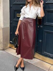 Vionelle Plus Size Women's Elegant Solid Color High-Quality PU Fabric Skirt, Elastic Waist, Invisible Side Zipper, A-Line Design, Long Midi Skirt, Suitable For Concerts, Outings, Weddings, Parties, Christmas, New Year, Birthdays, Fashion Essential - Burgundy - View 4