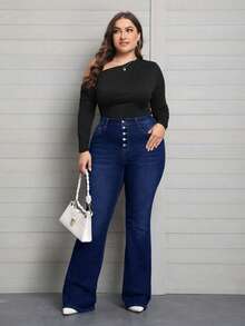 EMERY ROSE Plus Size Women Elastic Waist Jeans, Multiple Button Design Skinny Flare Pants - Dark Wash - View 5