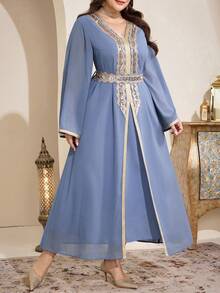 Al Najma Vestido de manga larga con parches, cinta y decoración de lentejuelas en estilo árabe elegante para mujer de talla grande - Azul - Ver 8