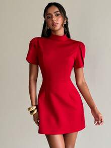 Aloruh Women's Solid Red Elegant Petal Sleeve Backless Bow A-Line Mini Dress, Valentine's Day - Red - View 2
