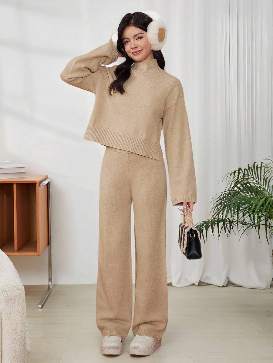SHEIN 青少年女孩卡其色纯色休闲复古优雅宽松圆领落肩上衣和阔腿裤针织套装两件套，适合秋冬季，返校季节，温暖的冬季套装，女孩套装 - 卡其色 - 查看 1