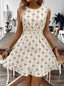 Breezaya 1 件女士蝴蝶结装饰腰部系带无袖印花连衣裙