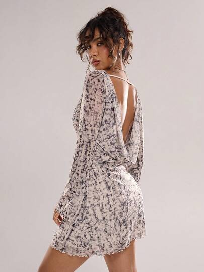 Avantive Women's Boat Neck Ruched Open Back Elegant Cinched Waist Long Sleeve Mini Dress Open Back Dress Summer Holiday Outfits Elegant Party Dresses Breathable Soft Transitional Casual Backless Dress