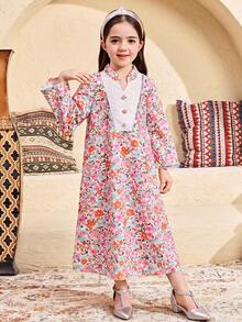 SHEIN Young Girl Floral Print Patchwork Simple Long Sleeve Casual Arabian Dress Spring/Summer Ramadan Style Matching Family Vacation - Multicolor - View 6