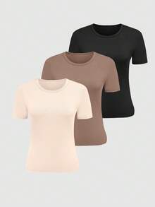SHEIN 3件套 女士纯色圆领短袖休闲百搭T恤 - 彩色 - 查看 3
