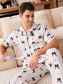 CoupledUp Classic Bow Print Lapel Men's Pajama Set - White - View 5