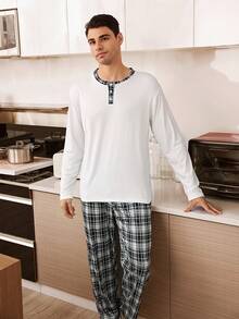 CoupledUp Plaid Print Button-Front Long Sleeve & Pants Men Pajama Set - Multicolor - View 3
