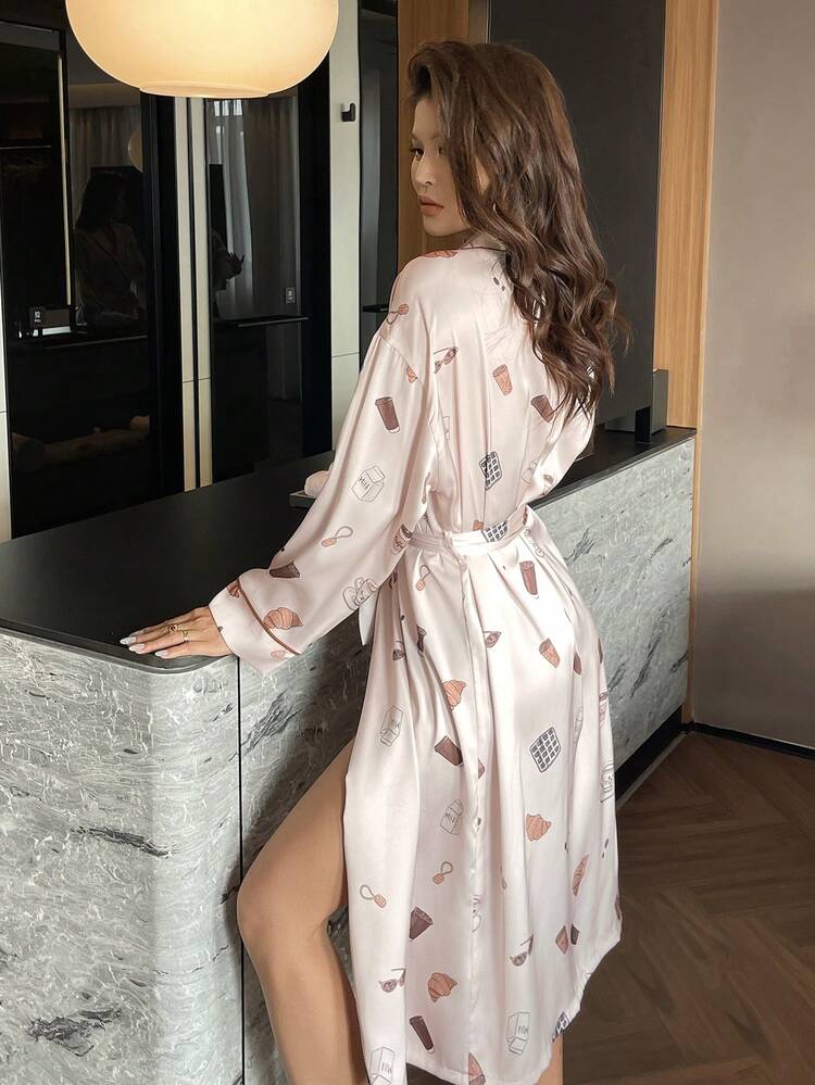 Satin Printed Loose Pink Robe, Women Sleepwear Jacket