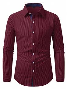 Manfinity Mode Men's Casual Striped Print Button-Down Long Sleeve Shirt - Red and Black - View 3