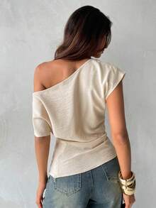 Aloruh 女士优雅不对称肩部亚麻质感修身纯色衬衫，夏季上衣，女士度假上衣，春季上衣，外出上衣，休闲度假上衣，复古风格上衣 - 卡其色 - 查看 3