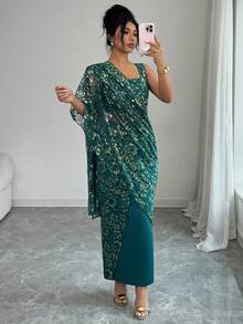 Rafferiza Women's Green Shimmering Gold Lace Shawl Dress, Waist-Revealing, Fitted, Halter-Neck, Faux Two-Piece Set, Suitable For Holiday Wear, Summer Dress, Women's Long Summer Dress, Casual Banquet Attire, Banquet Wear, Wedding Guest Dress, Everyday Commuting, Carnival Costume, Robe Dress, Shawl Women's Dress, St. Patrick's Carnival Costume, Luxury Wedding Evening Dress, Wedding Party Dress, Wedding And Event Dress, Modified Lace Women's Long Dress, Sparkly Dress, Glittery Dress.Graduation Season Attire, Fashionable Casual Commuter Wear, Business Office Wear, Versatile And Stylish Everyday Casual Wear, Urban Teacher's Professional Attire - Green - View 8