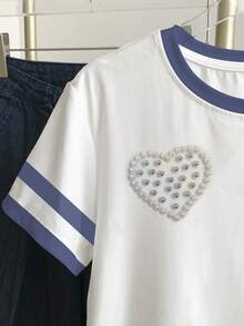 Resyla 女士圆领撞色爱心印花短袖休闲T恤 - 彩色 - 查看 4