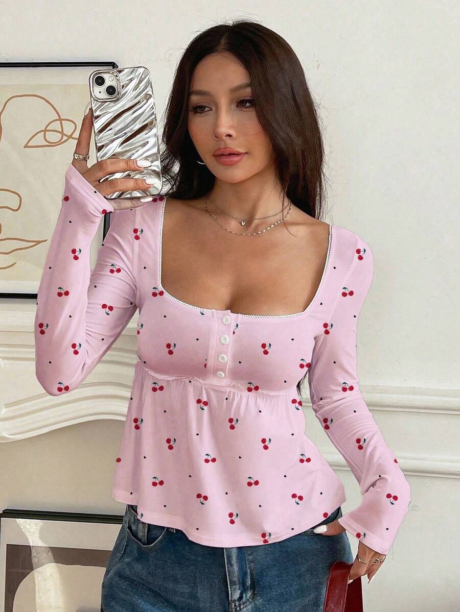 SHEIN EZwear Women's Printed Button-Front Long Sleeve Casual Shirt Spring - Baby Pink - View 1