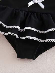 SHEIN 女婴度假蝴蝶装饰荷叶袖连体泳衣 - 黑色 - 查看 3