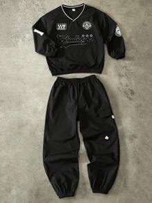 Coolane Kids Tween Boys Fall/Winter Streetwear Graphics Black V-Neck Sweatshirt & Parachute Pants Suit Set,2pcs, Kids Jogger Sets, Boys Autumn Winter Casual Two Piece Set - Black - View 1