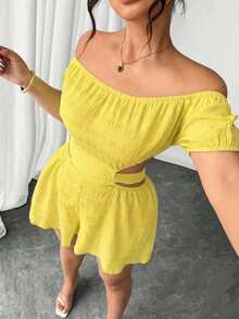 Elenzga Plus Size Women's French Textured Off-Shoulder Jumpsuit, Light Yellow Summer Smart Casual Vacation Curvy Linen Two Piece Set Brunch Beach - Yellow - View 3