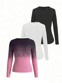 SHEIN LUNE Women's Ombre Scoop Neck Long Sleeve Fitted Fashion T-Shirt - Multicolor - View 2
