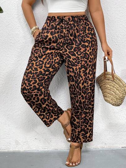 SHEIN Frenchy Plus Size Women Leopard Print Drawstring Waist Pockets Casual Pants