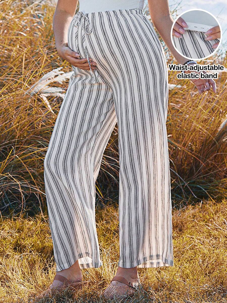 Boho Mama 可调节腰围条纹阔腿宽松休闲孕妇裤 - 咖啡棕 - 查看 1