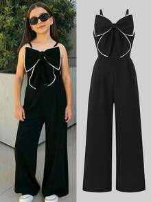 SHEIN 纹理面料吊带连体裤，法式蝴蝶结设计，小众优雅时尚，垂坠修身直筒连体裤，春夏款 - 黑色 - 查看 4