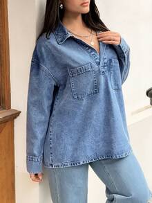 Rivivi 女士时尚立领开襟休闲水洗牛仔衬衫 - 中等水洗藍 - 查看 3