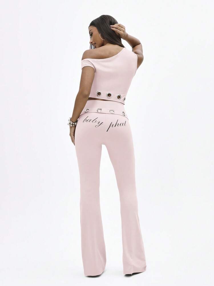 BABYPHAT Fold Over Flare Leggings With Metallic Eyelet Detail High Waist Bell Bottom Pants Fashion Statement Piece High Waist Pants Biker Short Rhinestone Pants