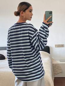 DAZY Women's Casual Striped Loose Long Sleeve Round Neck T-Shirt, Autumn Y2k - Royal Blue - View 2