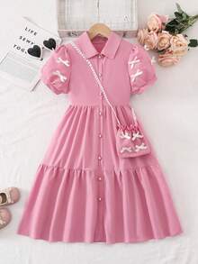 Girls' Sweet Bowknot Decor Puff Sleeve Button Front Dress,Pink And White,Summer,Cute,Flower Girl Princess Style Soft & Flowy Fabric For Summer Outings - Pink - View 10