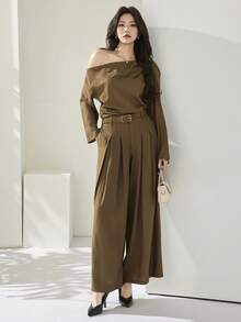 Heiryn Coffee Brown Autumn Elegent Office Women's One-Shoulder Top And Pants Suit,Elegant Wedding Guest Dress Outfits,Spring Summer Vacation Beach Clothing - Army Green - View 3