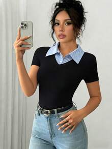 Rafferiza 优雅通勤修身AB拼接翻领喇叭袖半开襟黑色条纹多色T恤，女士休闲T恤，夏季 - 彩色 - 查看 5