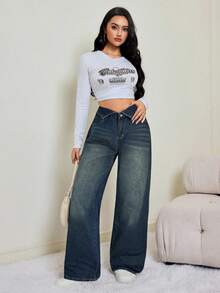 SHEIN Tall Quần jeans ống rộng cạp gập đơn giản cho nữ - Rửa tối - Xem 3