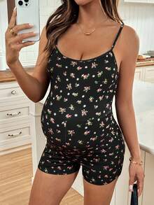 SHEIN 孕婦休閒小碎花印花連身褲，適合日常穿著，夏季黑色套裝 - 黑色 - 查看 5
