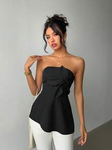 Elenzga Plus Size Women Elegant Casual Solid Color 3D Floral Asymmetrical Hem Tube Top - Black - View 4