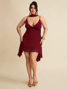 SHEIN BAE 夏季海滩度假大码服装，适合假日、派对、聚会、约会、旅行、外出、音乐节、演唱会、乡村音乐节等场合。这款优雅的纯黑色深V领缎带迷你连衣裙，适合日常约会、夜生活、夜店、派对、聚会、鸡尾酒会、假日连体裤、泳池派对、办公室穿着、通勤装、女士生日礼服等。 - 酒紅色 - 查看 4