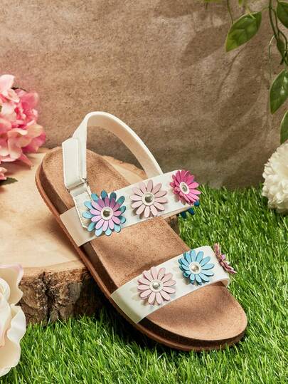 Mini mi Kids' Two Band Multi-Color 3D Flower Slingback Soft-Footbed Premium Faux Leather White Sandals – Cute, Comfy & Lightweight