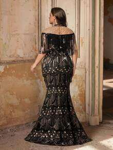 Glamrae Vestido de noche de fiesta de talla grande para mujer con cuello Mao, diseño con perlas falsas, lentejuelas y flecos