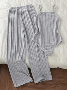 Teen Girls Camisole Bodysuit + Wide-Leg Pants Loose & Comfortable Fit, Light Gray Skin-Soft Texture With Vertical-Stripe Pattern A Versatile Comfort Wear For All Occasions - Grey - View 2