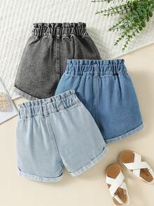 SHEIN 3pcs Girls Denim Shorts Set,Blue Back-To-School Fashionable Washed Loose Shorts With Elastic Waist,3 Pack Cute Casual Summer Kids Clothes For Vacation - Multicolor - View 2