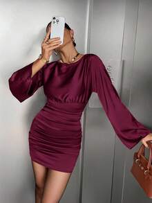 Siren Gaze Đầm ngắn tay chuông màu trơn thanh lịch dành cho nữ, thích hợp đi làm. - Màu Đỏ Sâu - Xem 2