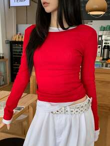 DAZY 女士扭结镂空长袖T恤，修身短款上衣 - 紅色 - 查看 9