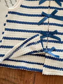 LMoss Kids Young Girl Fitted Ribbed Knit Crop Top - Blue and White - View 5