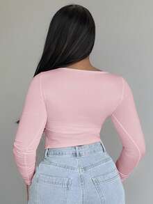 Alexandranx Sexy Solid Color Knitted Elastic Round Neck Tie Decor Long Sleeve Bodycon Snap Button Decorated Casual Women T-Shirt Fall Cloth For Women - Baby Pink - View 2