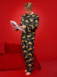 Notgurli Pizza Print Crew Neck Long Sleeve Pajama Set For Men - Black - View 3