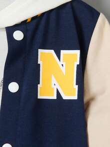 SHEIN 2pcs/Set Young Boys' Collegiate Style Outfit: Black Knit Top With White Sleeves, Large Letter "N" Print, Matching Printed Sweatpants With Ribbed Collar, Cuffs And Hem, Elastic Waist For Comfort, Casual & Sporty Look, Suitable For Spring/Autumn, Daily Wear, School, Travel - Royal Blue - View 3