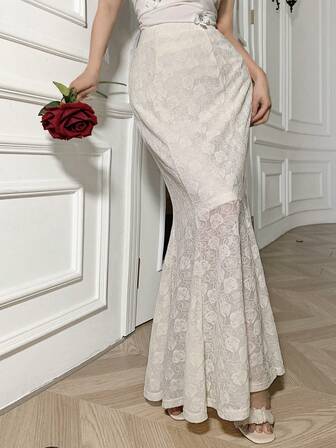 Feyla Women's Elegant Party Solid Color Lace Mermaid Skirt