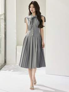 Heiryn 女士优雅通勤纯色褶裥下摆系带领中长连衣裙 - 灰色 - 查看 6