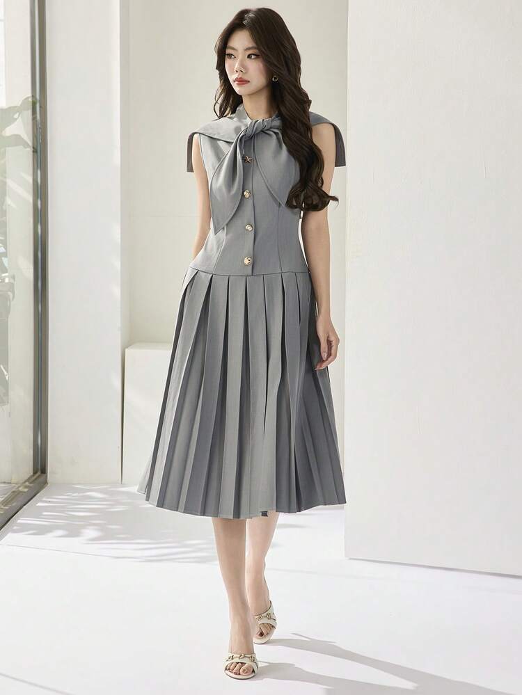 Heiryn Women's Elegant Slate Gray Tie-Neck Pleated Midi Dress