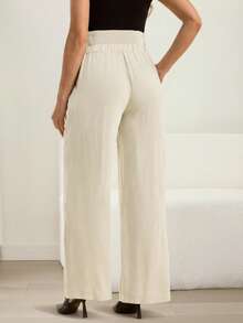 MaterniWear Pantalones anchos de pierna ancha con cintura ajustable y cordón, unicolor, para uso diario y casual de maternidad - Albaricoque - Ver 8