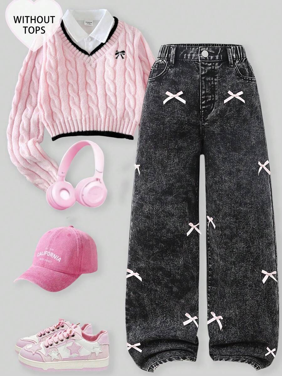 SHEIN ChillGRL 2025秋冬季少女时尚宽松阔腿牛仔裤，饰有可爱蝴蝶结，复古Y2K学院风街头休闲可爱90年代复古风 - 黑色 - 查看 1